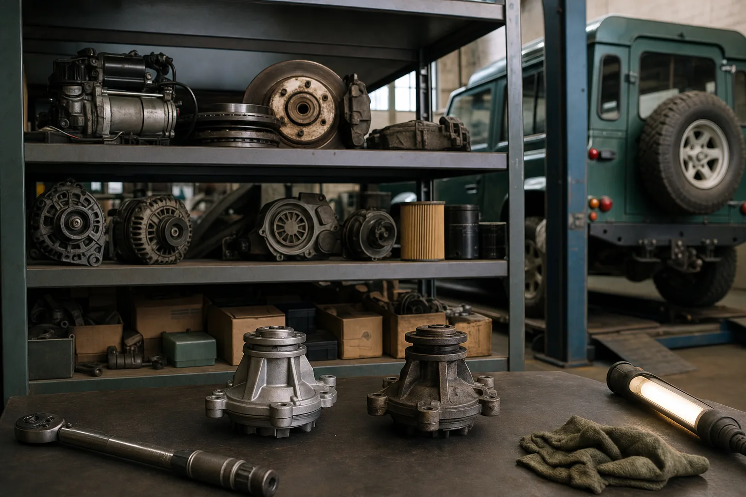 Shelves of used and reconditioned Land Rover spares in a South African independent workshop, with two similar parts placed side by side on a workbench for comparison