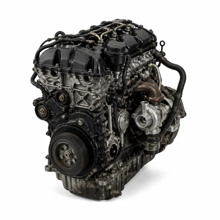 Reconditioned Land Rover 3.0 TDV6 engine on workshop shelving