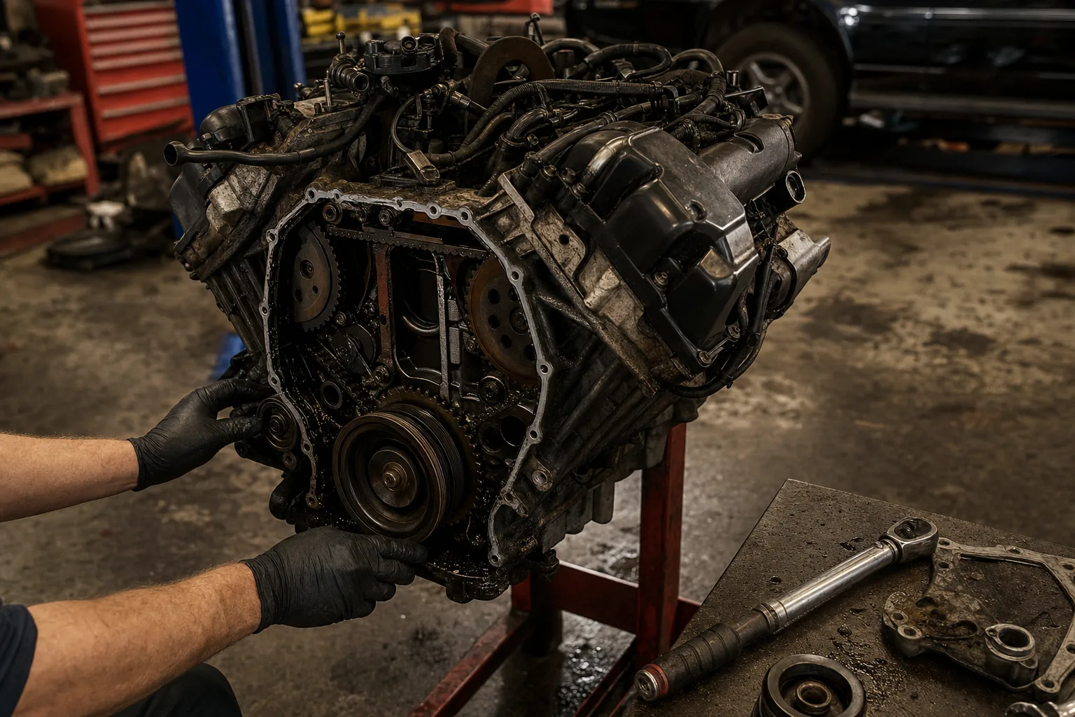 Land Rover 2.7 TDV6 diesel engine on a workshop stand with the front timing cover removed