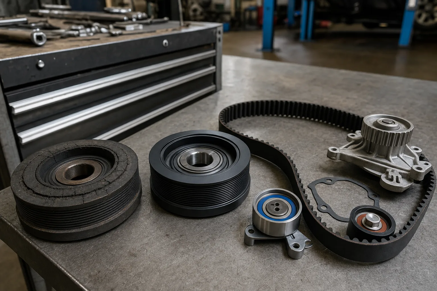 Land Rover 2.7 TDV6 crankshaft pulley and timing belt kit laid out on a workshop bench