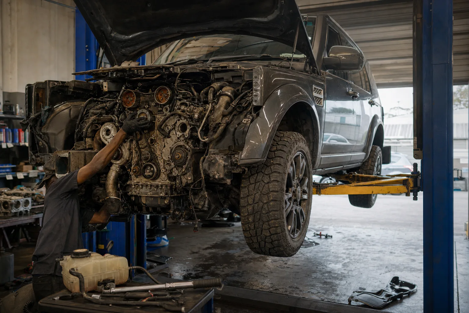 Land Rover Discovery 4 3.0 TDV6 raised on a workshop lift while a mechanic inspects the twin-turbo diesel engine