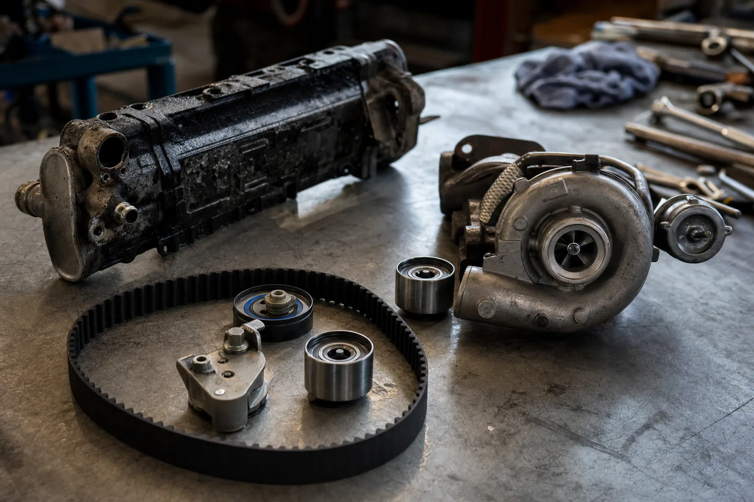 Land Rover 3.0 TDV6 timing belt kit and turbocharger laid out on a workshop bench