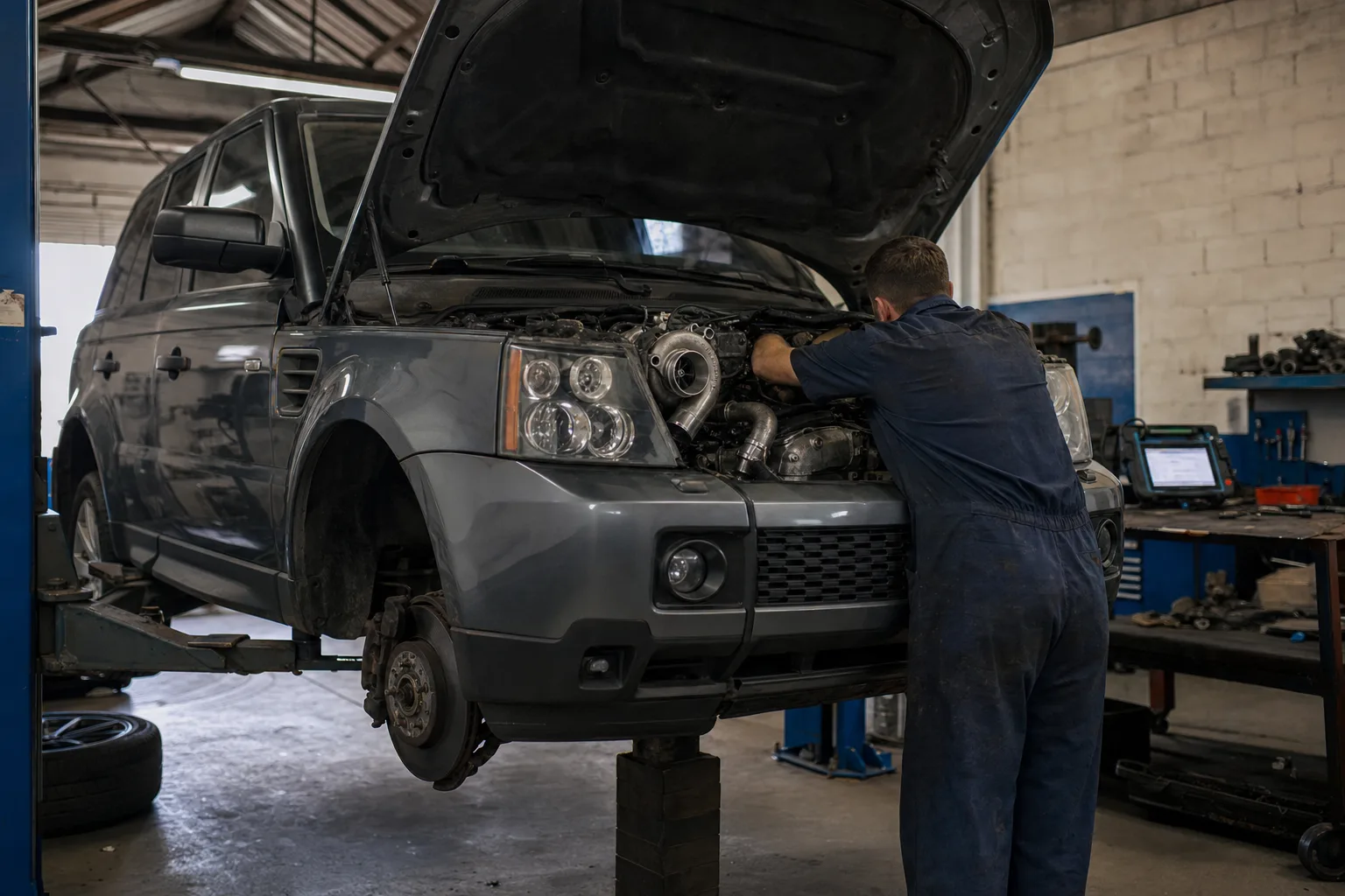 Range Rover Sport 3.6 TDV8 raised on a workshop lift with the engine bay open while a mechanic inspects the twin turbochargers
