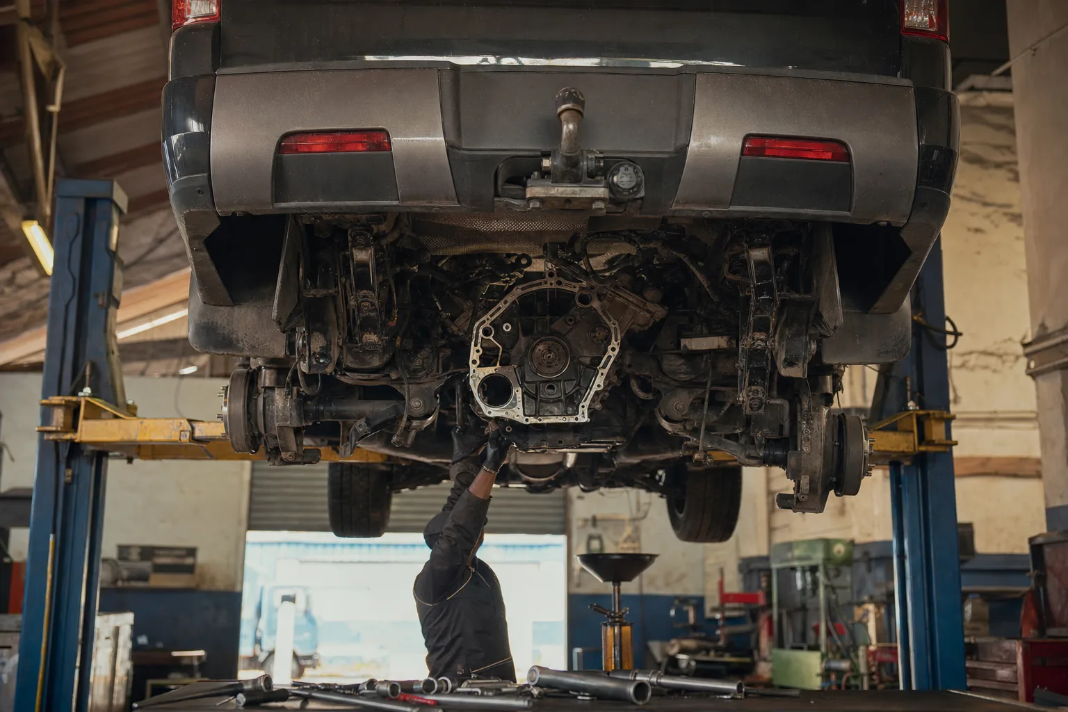 Range Rover with the 4.4 SDV8 diesel engine raised on a workshop lift while a mechanic inspects the rear timing chain cover