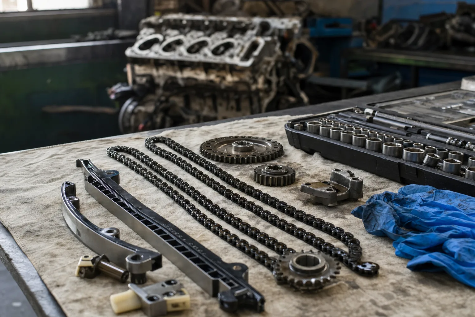 Land Rover 4.4 SDV8 timing chain kit, tensioners and guides laid out on a workshop bench