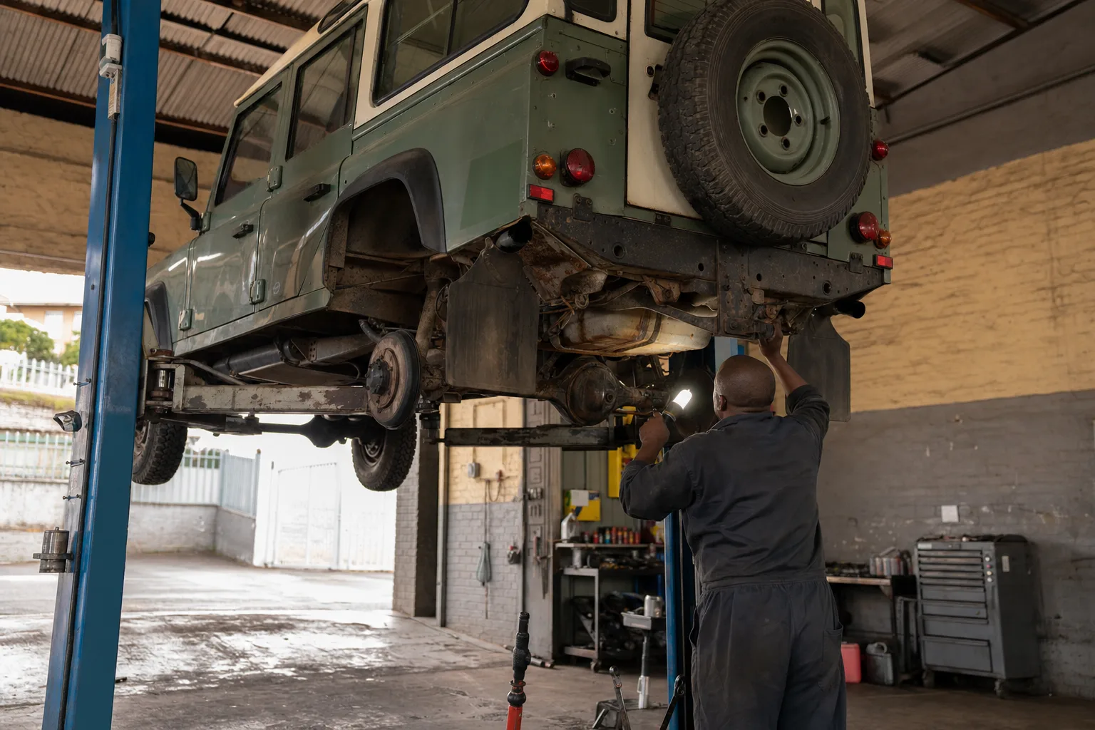 Land Rover Defender 110 Puma raised on a workshop lift while a mechanic inspects the rear chassis crossmember for corrosion