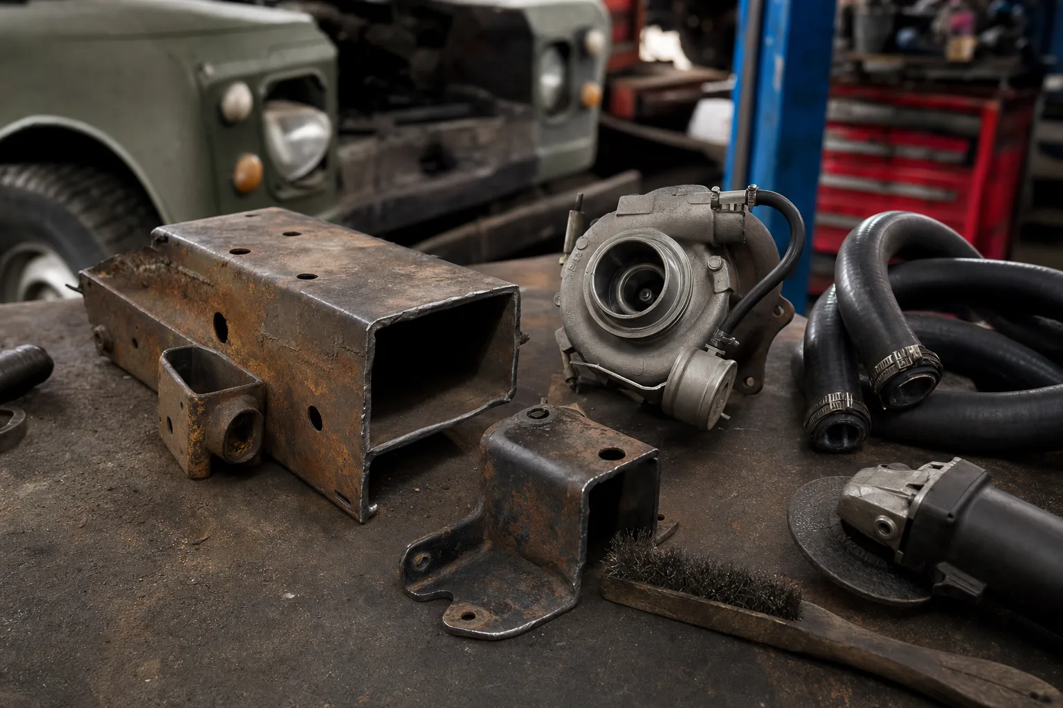 Land Rover Defender 110 rear chassis crossmember and outrigger sections on a workshop bench