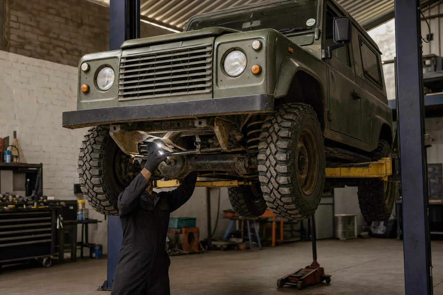 Land Rover Defender 90 raised on a workshop lift while a mechanic inspects the chassis outriggers and bulkhead
