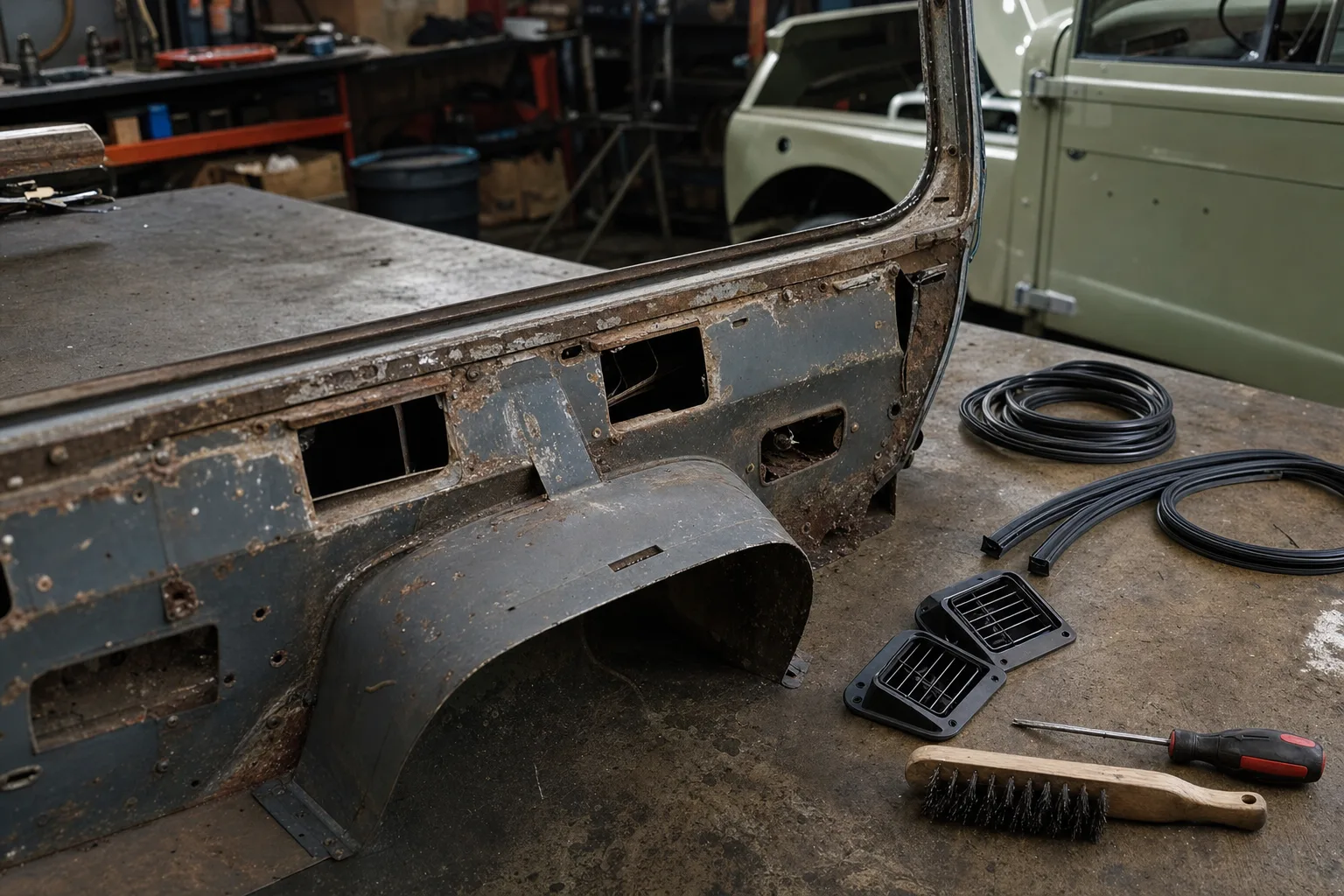 Land Rover Defender 90 steel bulkhead and footwell corrosion being inspected on a workshop bench