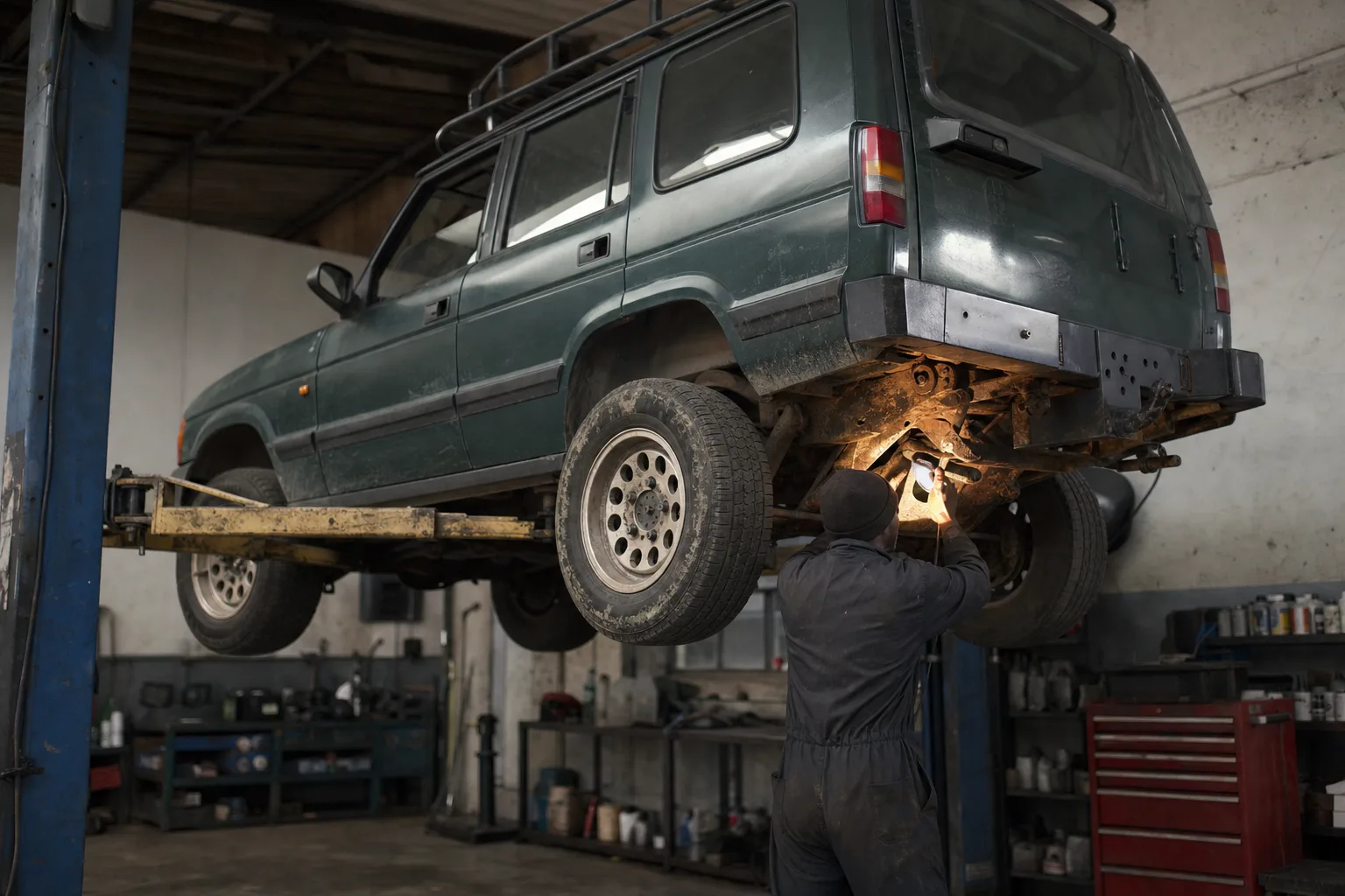 Land Rover Discovery 1 300Tdi raised on a workshop lift while a mechanic inspects the chassis and rear crossmember for rust