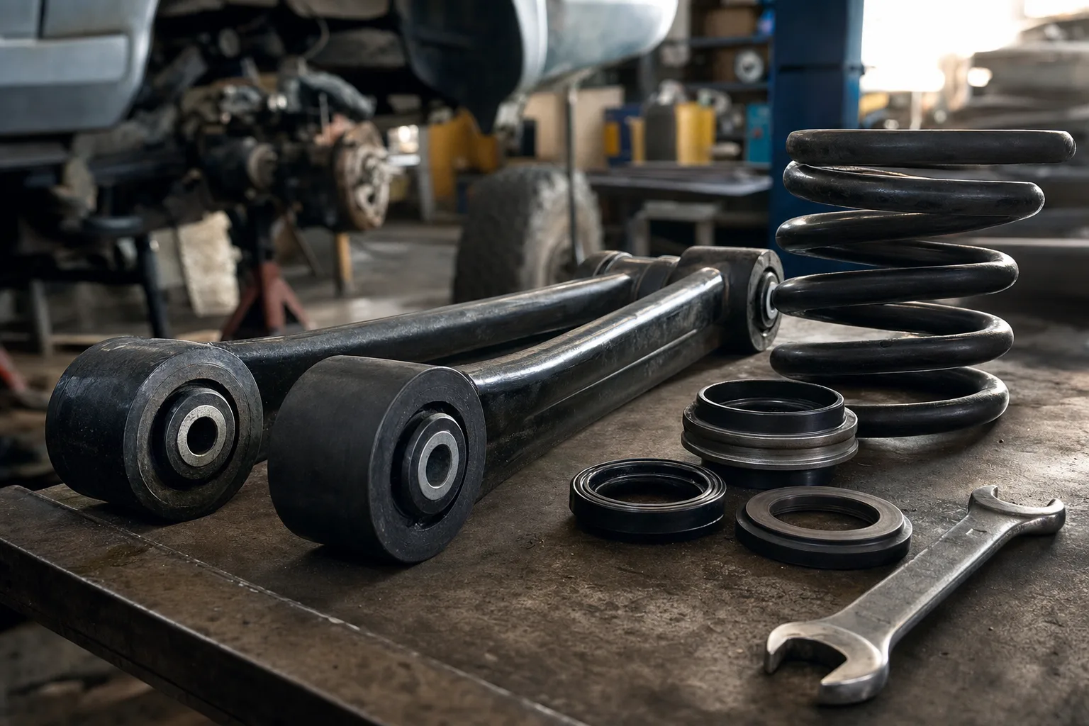 Land Rover Discovery 1 radius arm bushes and suspension components on a workshop bench