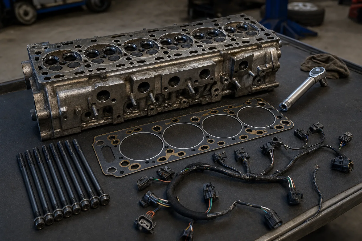 Land Rover Discovery 2 Td5 cylinder head, head gasket and injector harness on a workshop bench