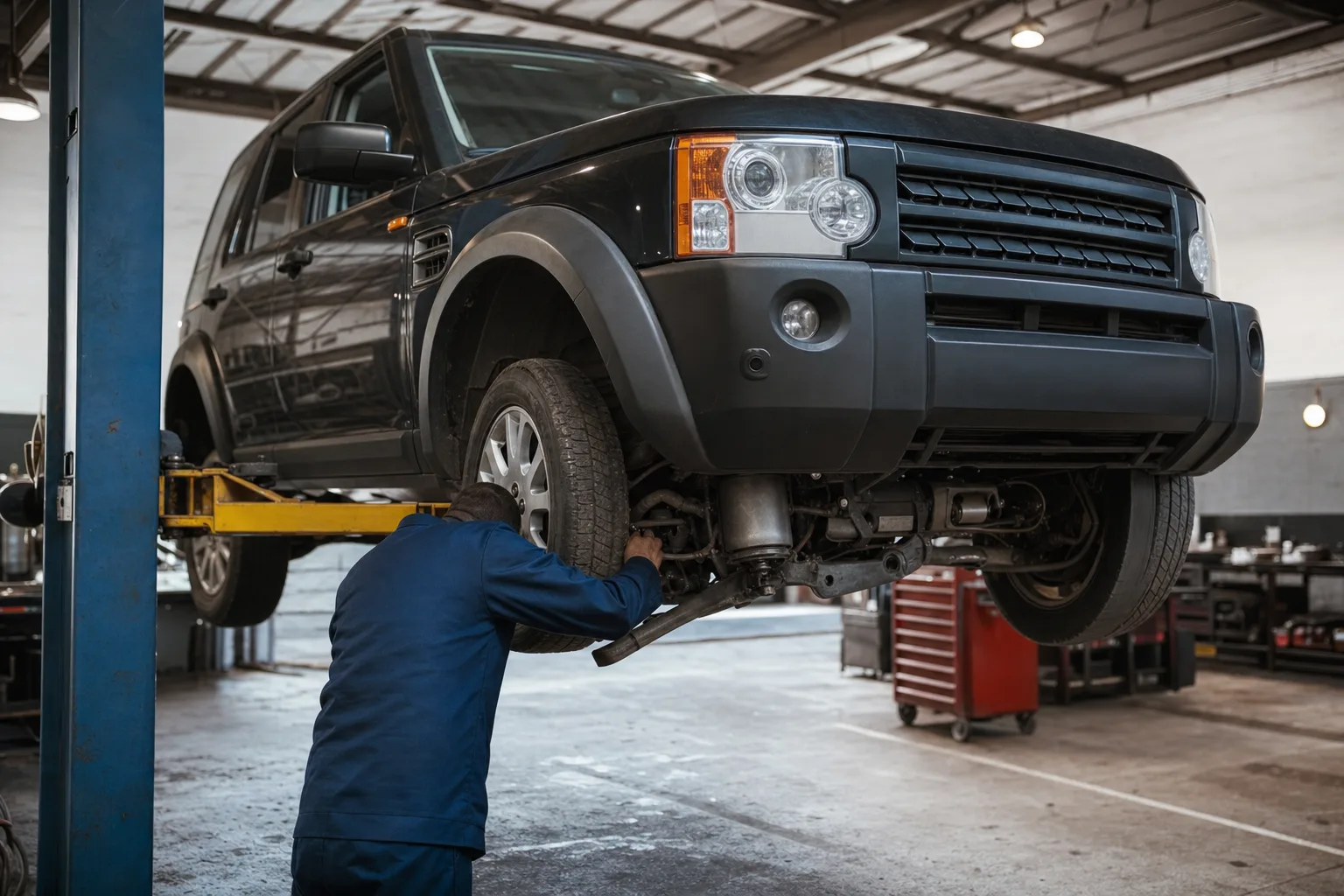 Land Rover Discovery 3 (LR3) raised on a workshop lift while a mechanic inspects the front air suspension