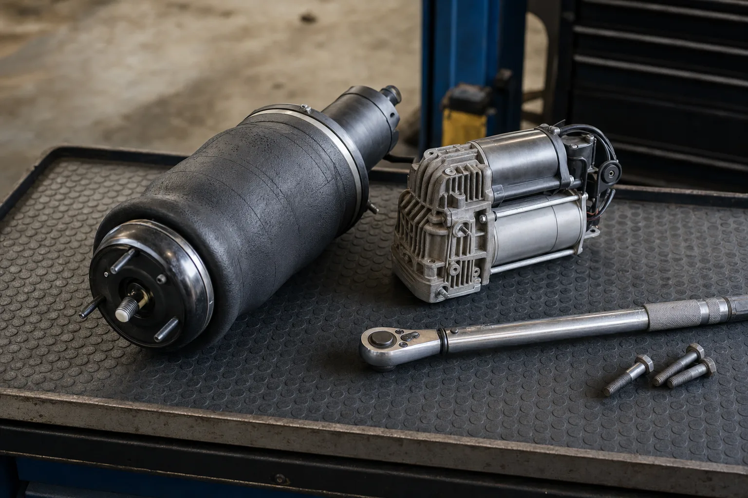 Land Rover Discovery 3 air suspension air spring and compressor on a workshop bench