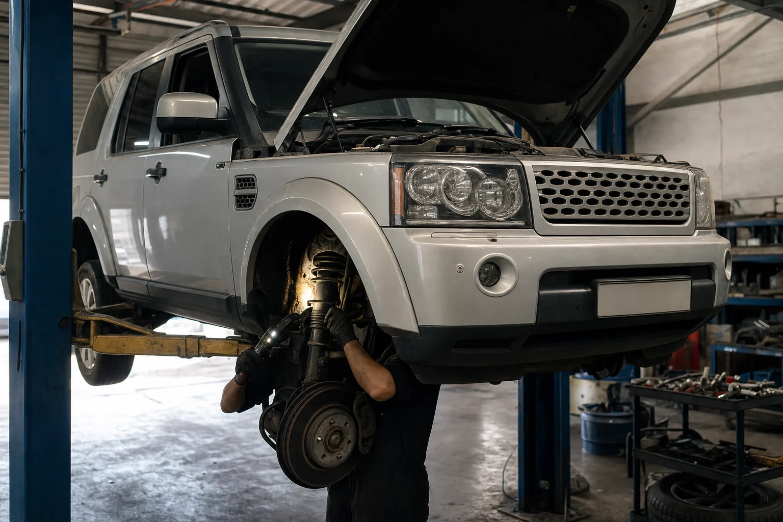 Land Rover Discovery 4 (LR4) on a workshop lift while a mechanic inspects the 3.0 TDV6 engine and front air suspension