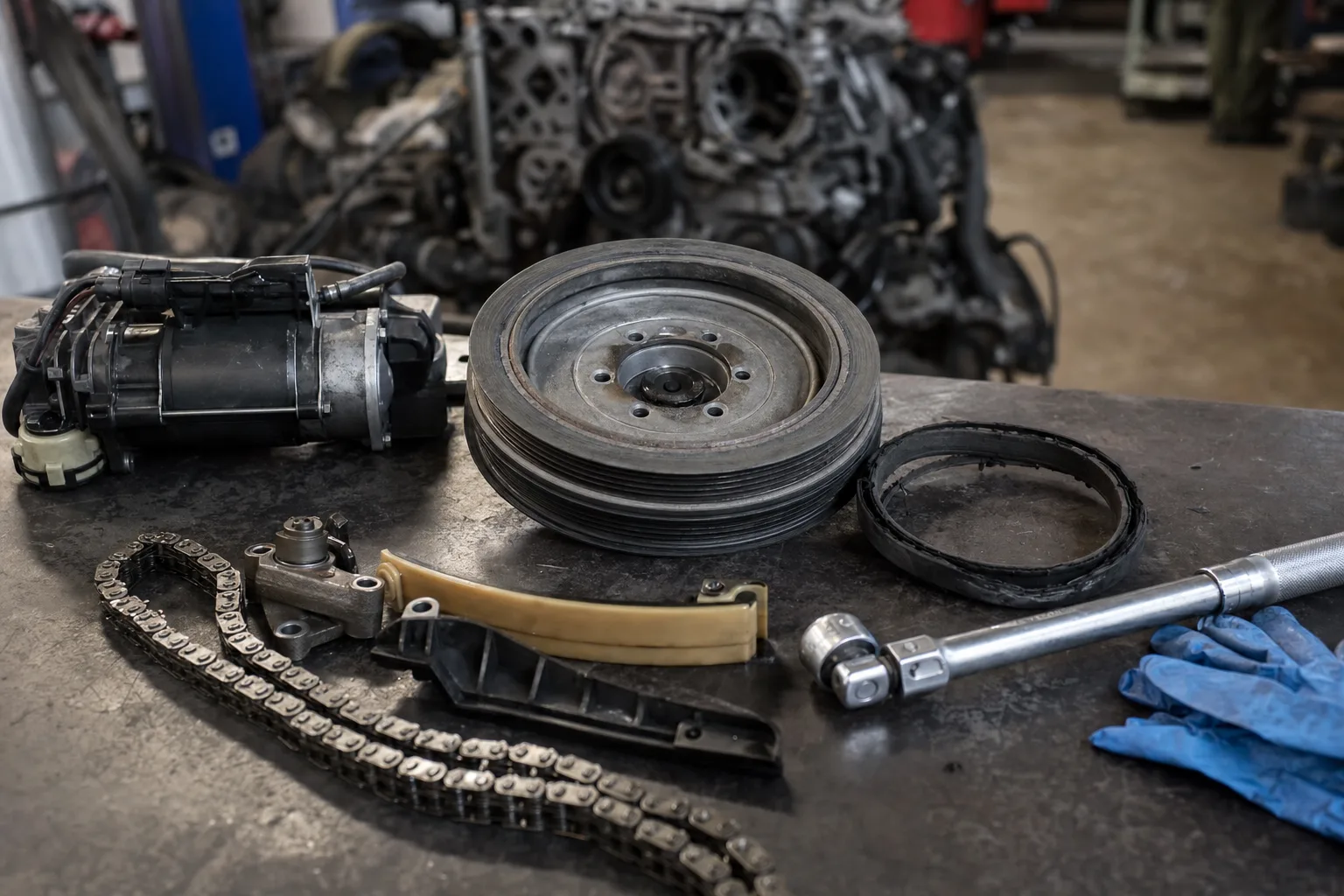 Land Rover Discovery 4 3.0 TDV6 crankshaft pulley and timing components on a workshop bench