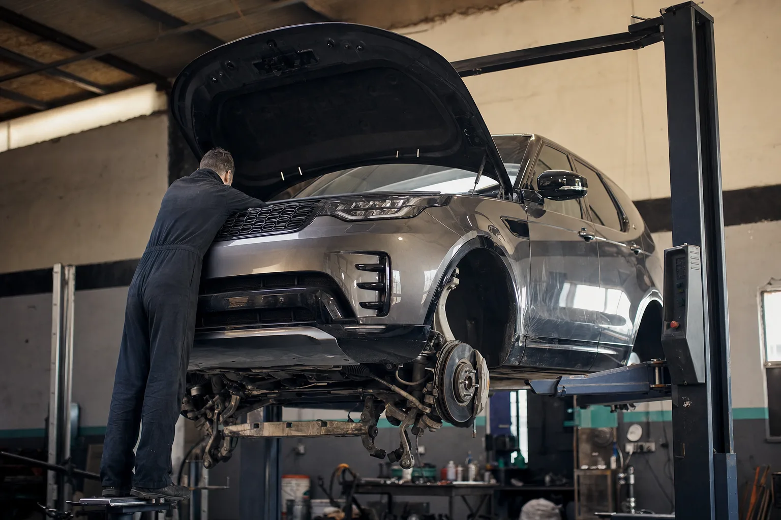 Land Rover Discovery 5 (L462) raised on a workshop lift while a mechanic inspects the Ingenium diesel engine bay