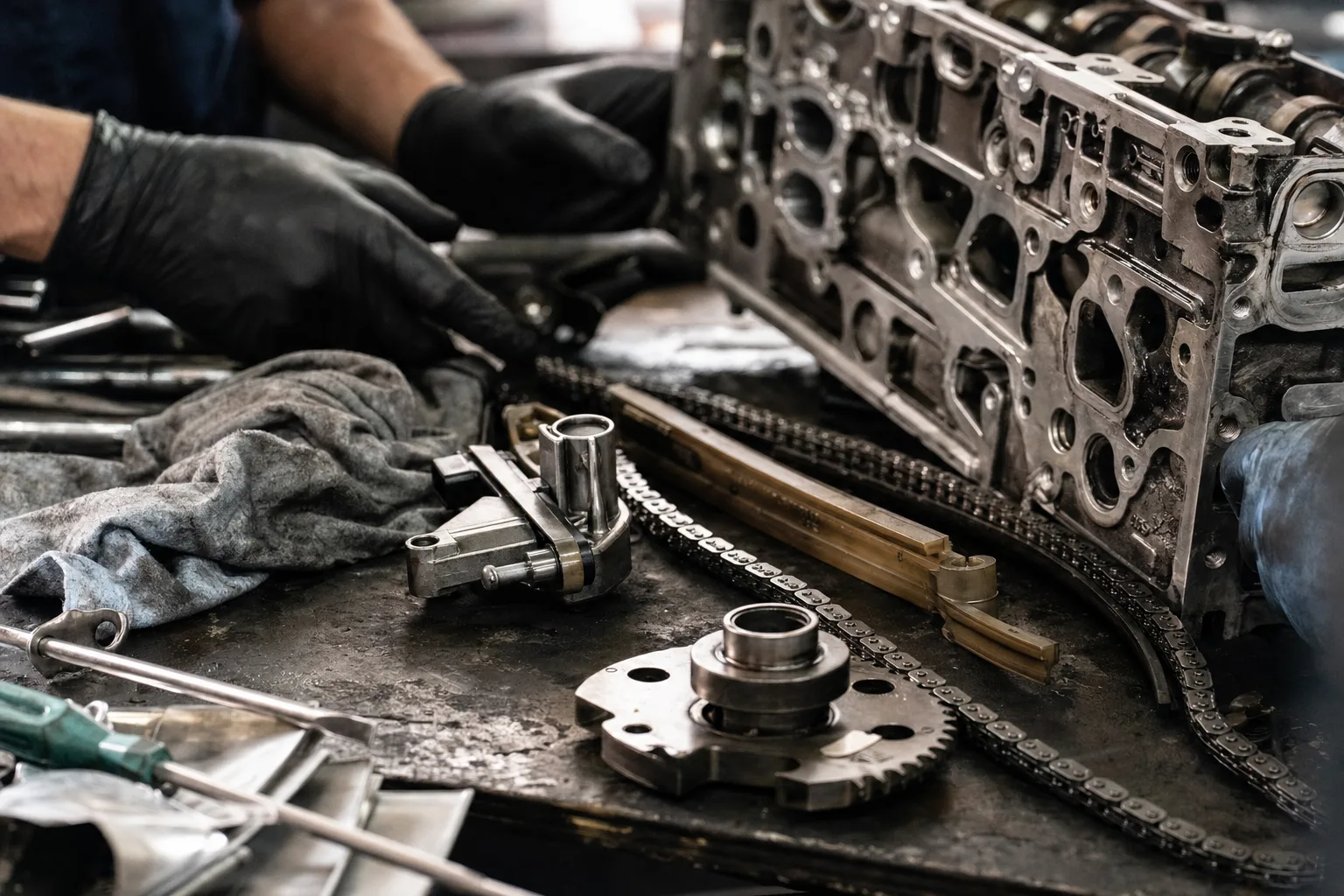 Land Rover Discovery 5 Ingenium 2.0 diesel timing chain kit and tensioner on a workshop bench