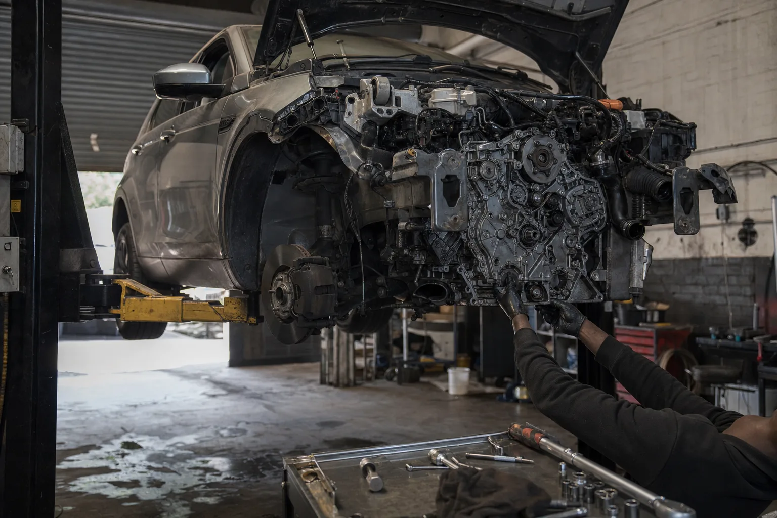 Land Rover Discovery Sport raised on a workshop lift while a mechanic inspects the Ingenium diesel engine and wet timing belt cover
