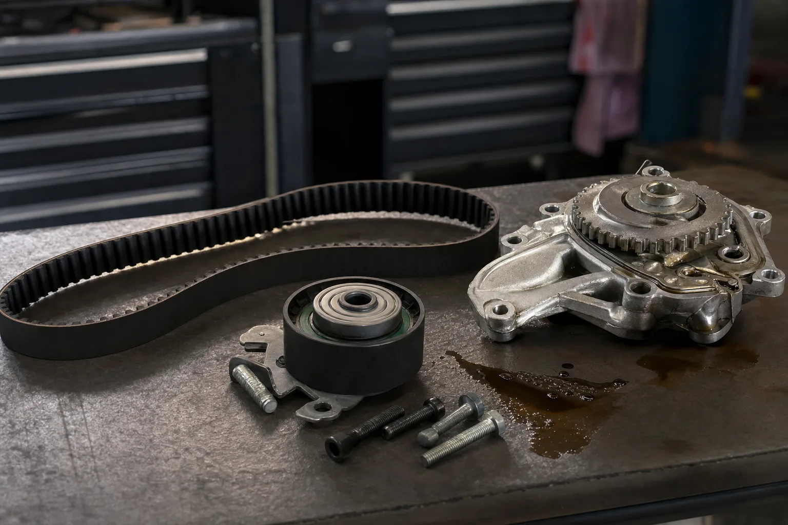 Land Rover Discovery Sport 2.0 Ingenium wet timing belt, tensioner and oil pump kit laid out on a workshop bench