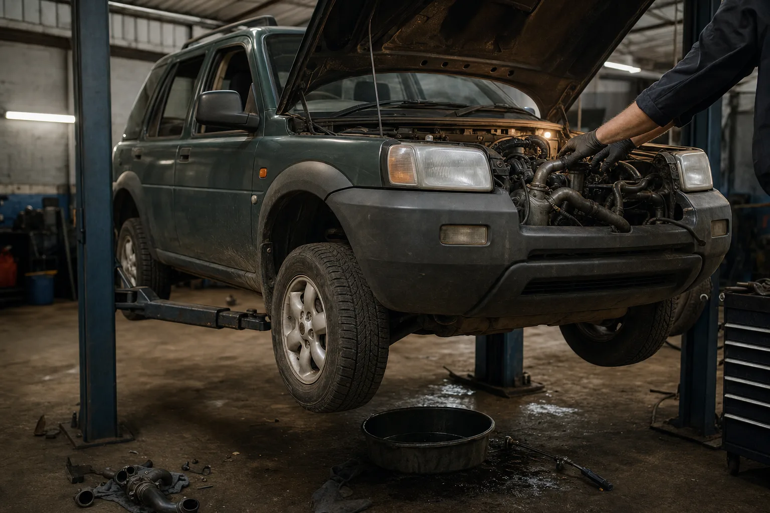 Land Rover Freelander 1 raised on a workshop lift while a mechanic inspects the K-series cylinder head and cooling pipes