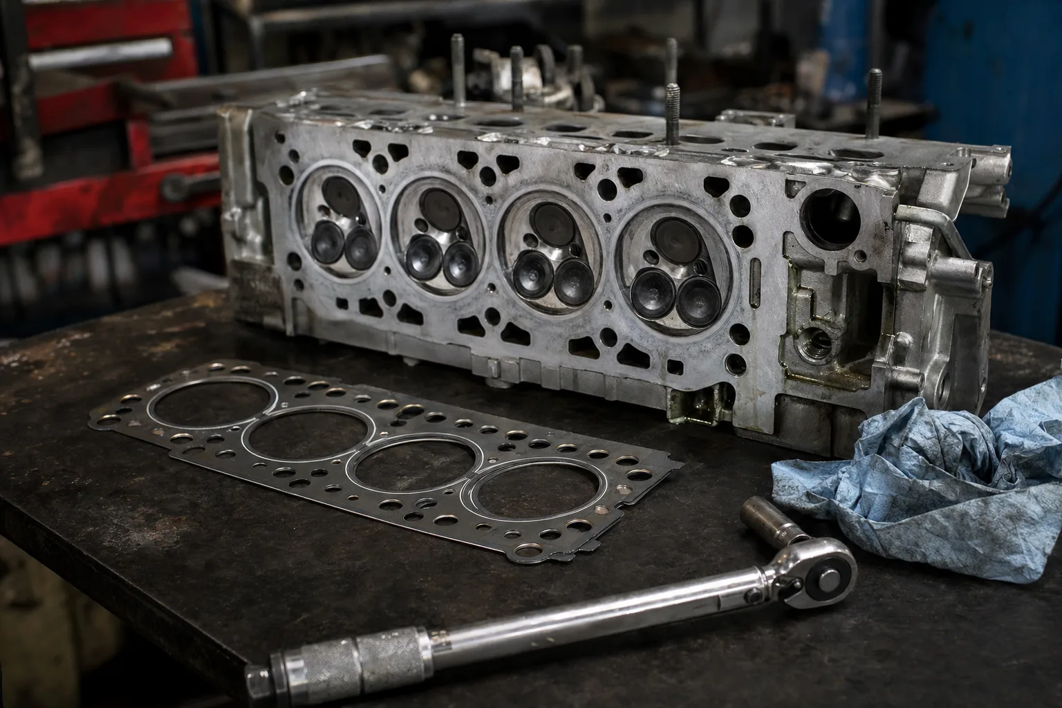Land Rover Freelander 1 K-series cylinder head and head gasket on a workshop bench