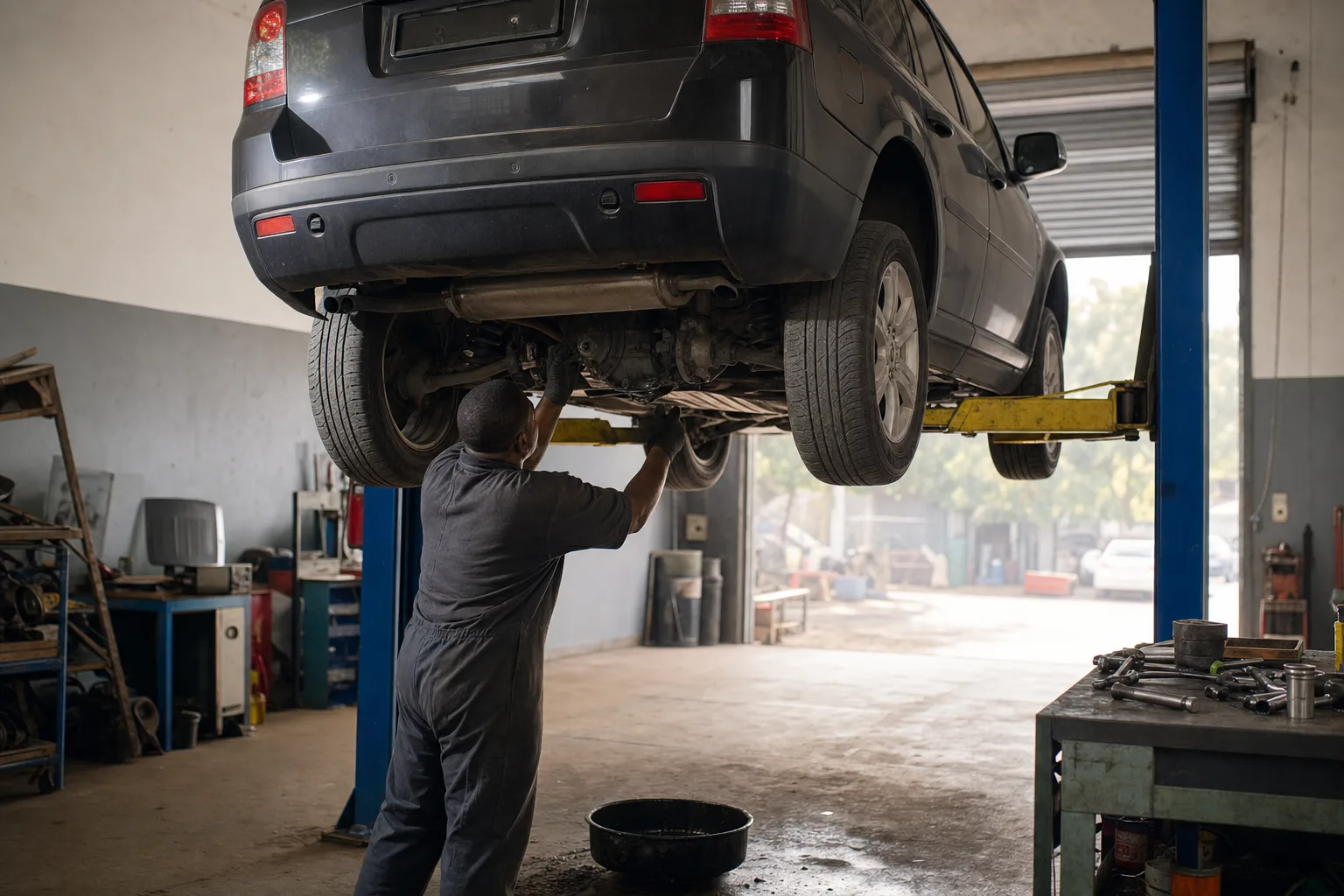 Land Rover Freelander 2 (LR2) raised on a workshop lift while a mechanic inspects the rear differential and Haldex coupling