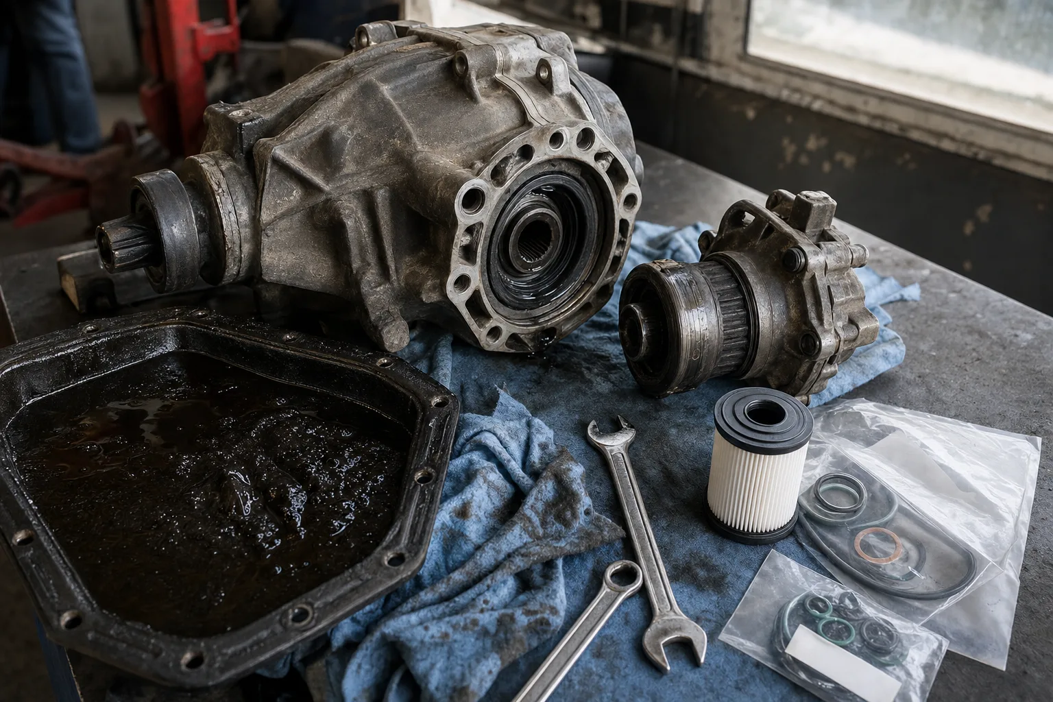 Land Rover Freelander 2 rear differential unit and Haldex coupling on a workshop bench beside a drained oil pan