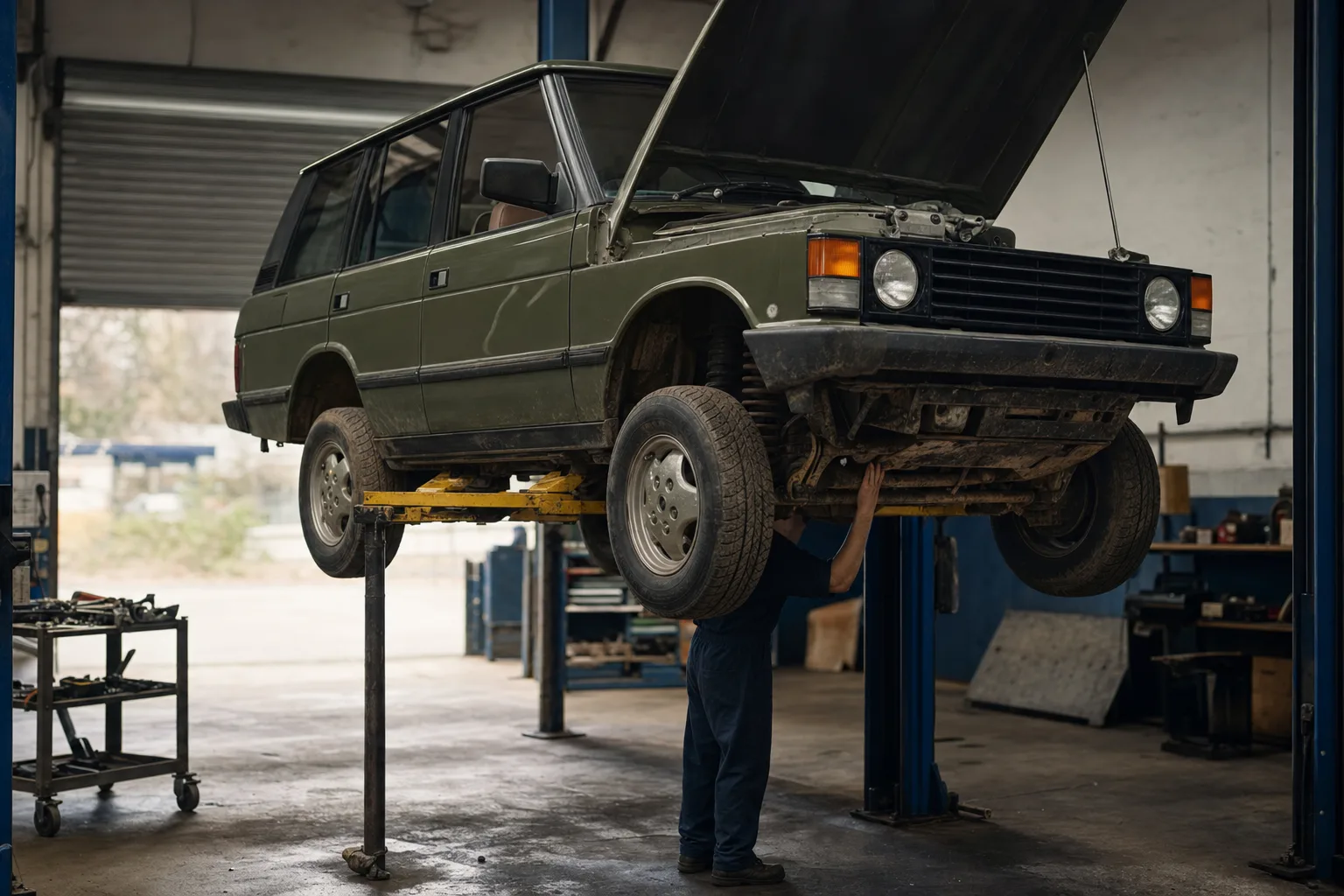 Range Rover Classic raised on a workshop lift while a mechanic inspects the Rover V8 engine and rear chassis crossmember
