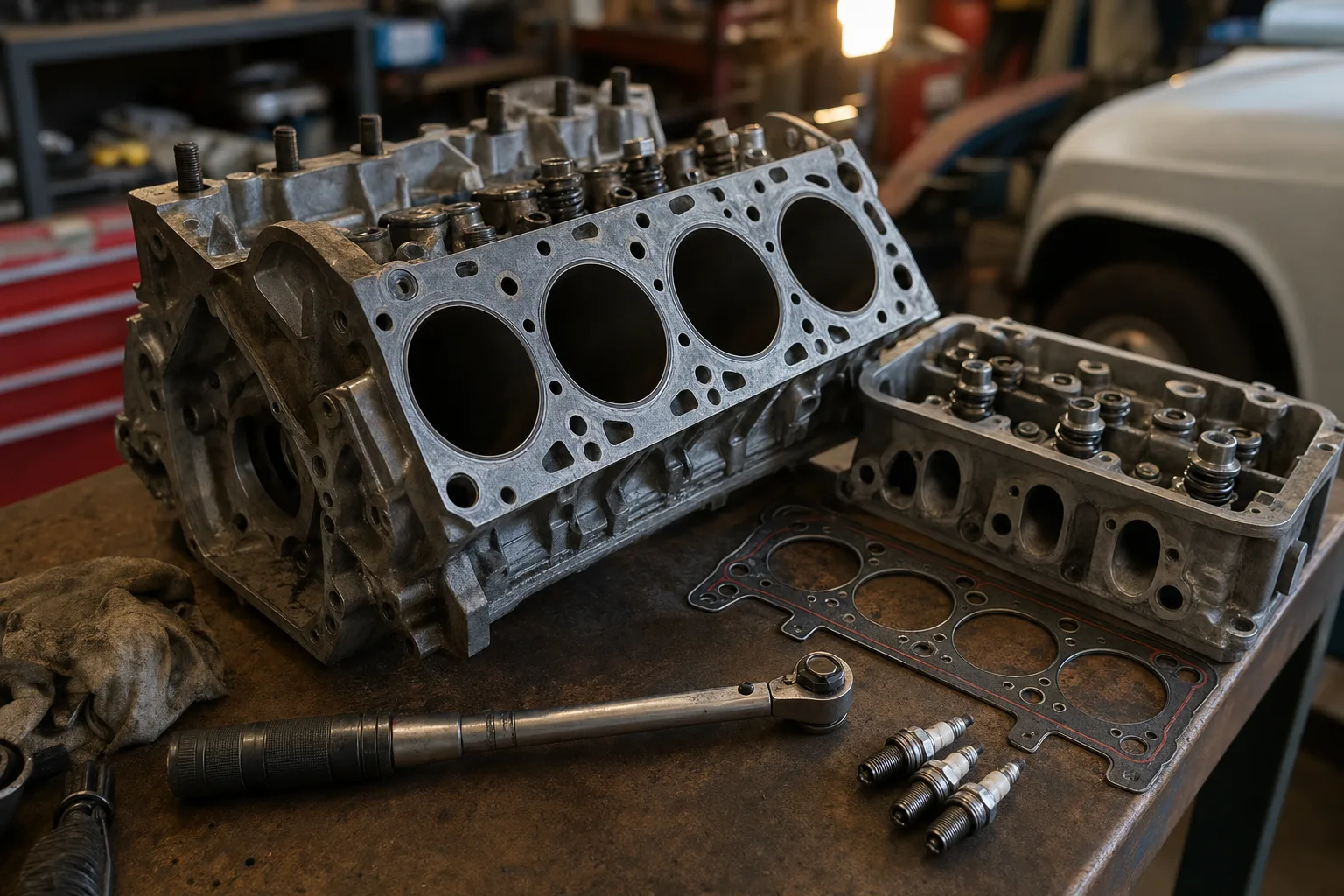 Range Rover Classic Rover V8 cylinder head and block on a workshop bench showing the cylinder liners