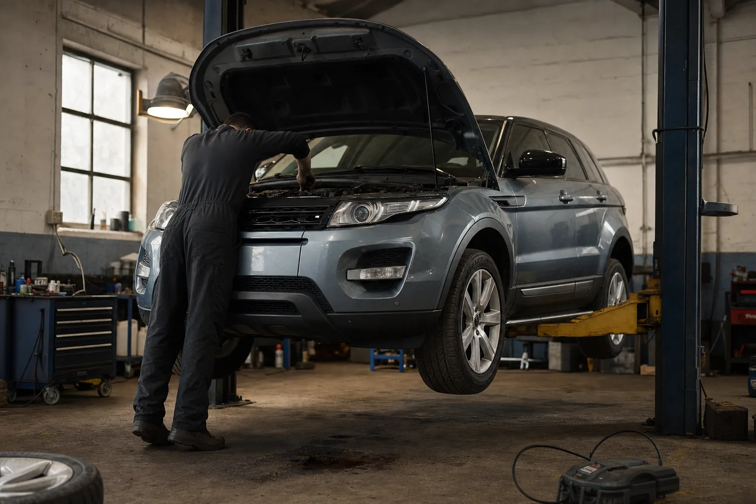 First-generation Range Rover Evoque (L538) raised on a workshop lift with the bonnet open while a mechanic inspects the engine bay