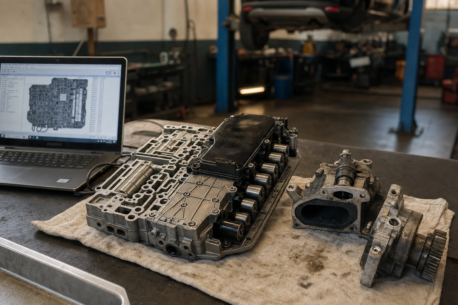 Range Rover Evoque ZF 9-speed valve body, EGR valve and diesel oil pump laid out on a workshop bench