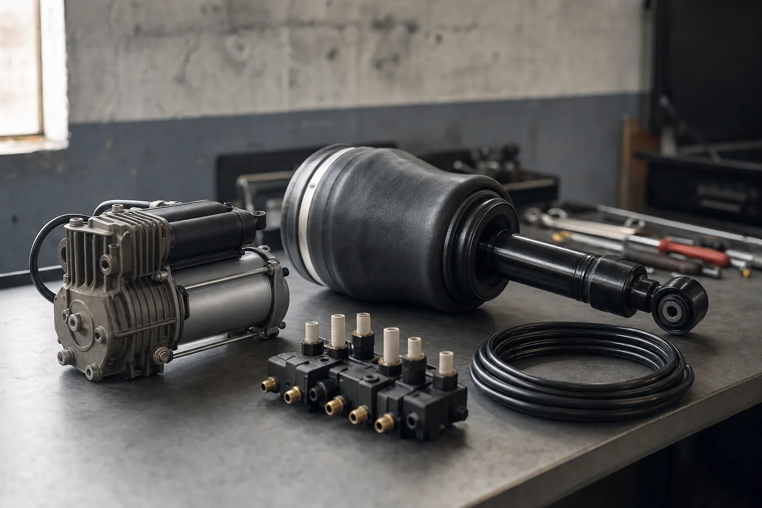 Land Rover Range Rover L322 air suspension compressor and front air strut on a workshop bench
