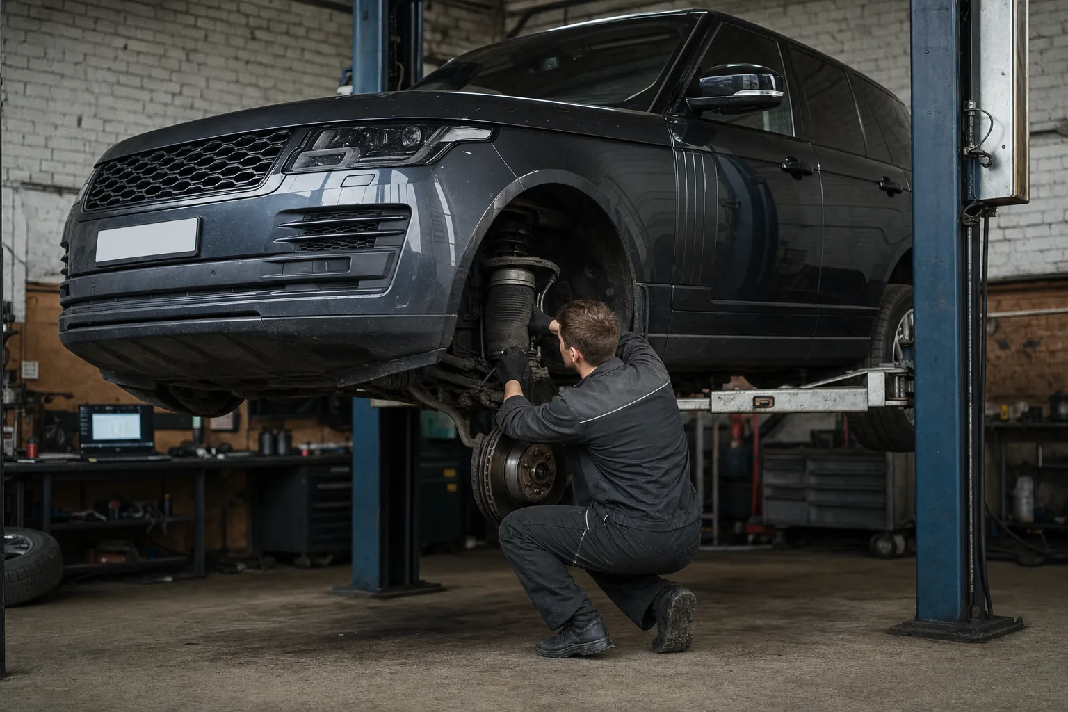 Range Rover L405 raised on a workshop lift while a mechanic inspects a front air spring and the compressor
