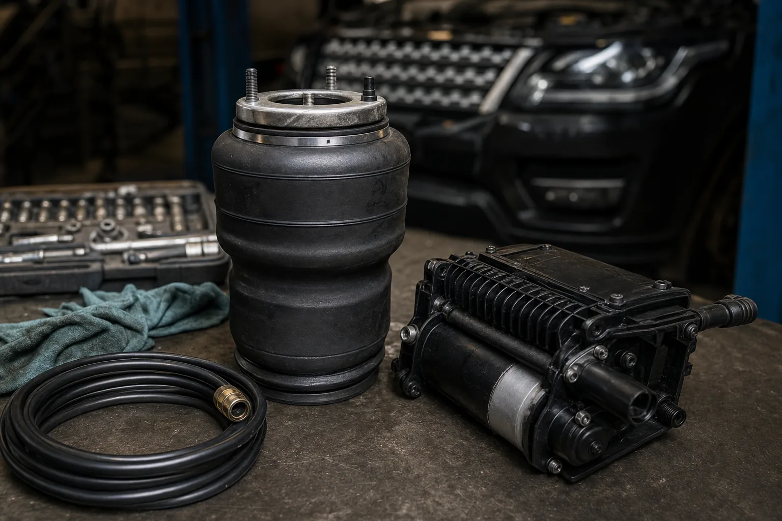 Range Rover L405 front air spring and EAS compressor on a workshop bench