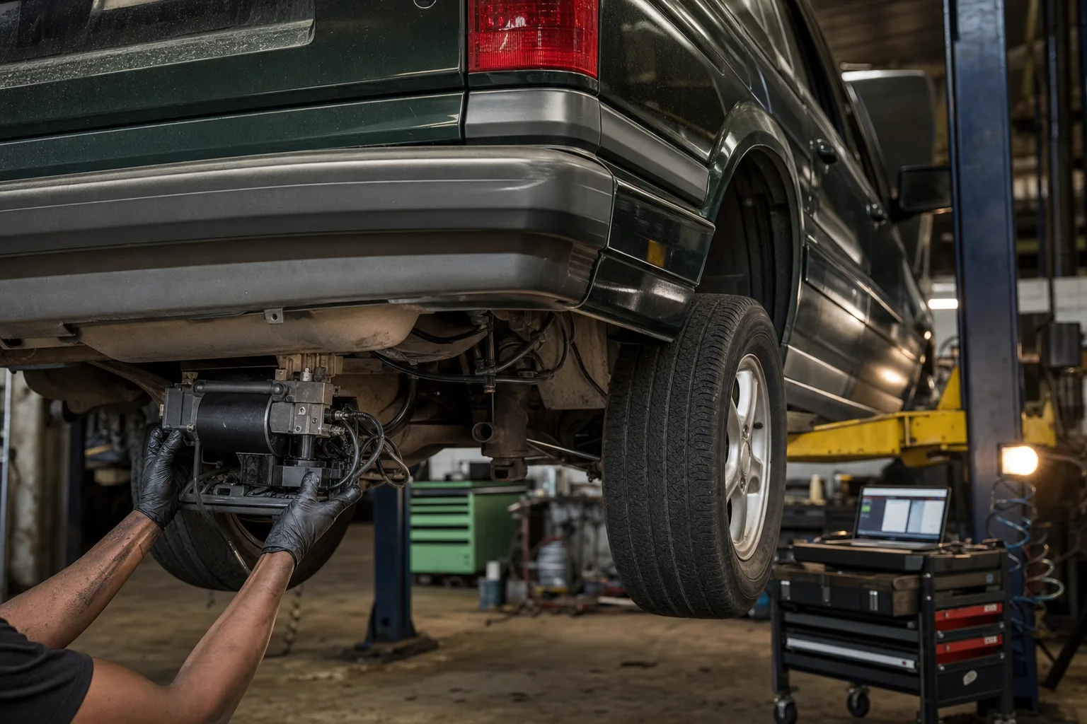 Range Rover P38 raised on a workshop lift while a mechanic inspects the EAS air suspension compressor