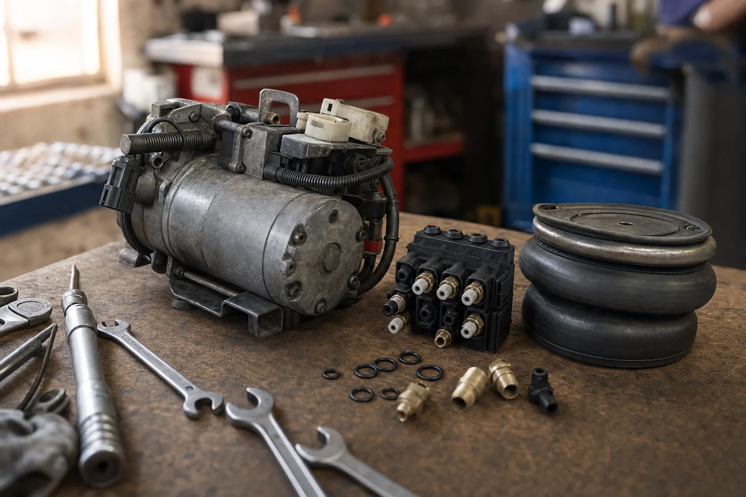 Range Rover P38 EAS air suspension compressor and valve block on a workshop bench