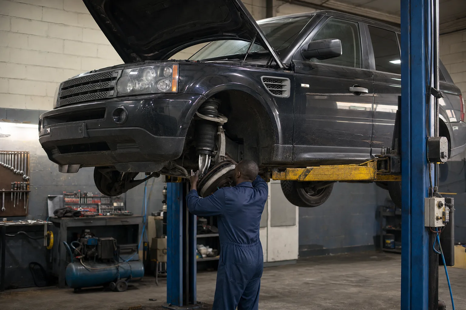 First-generation Land Rover Range Rover Sport (L320) raised on a workshop lift while a mechanic inspects the front air suspension and engine bay