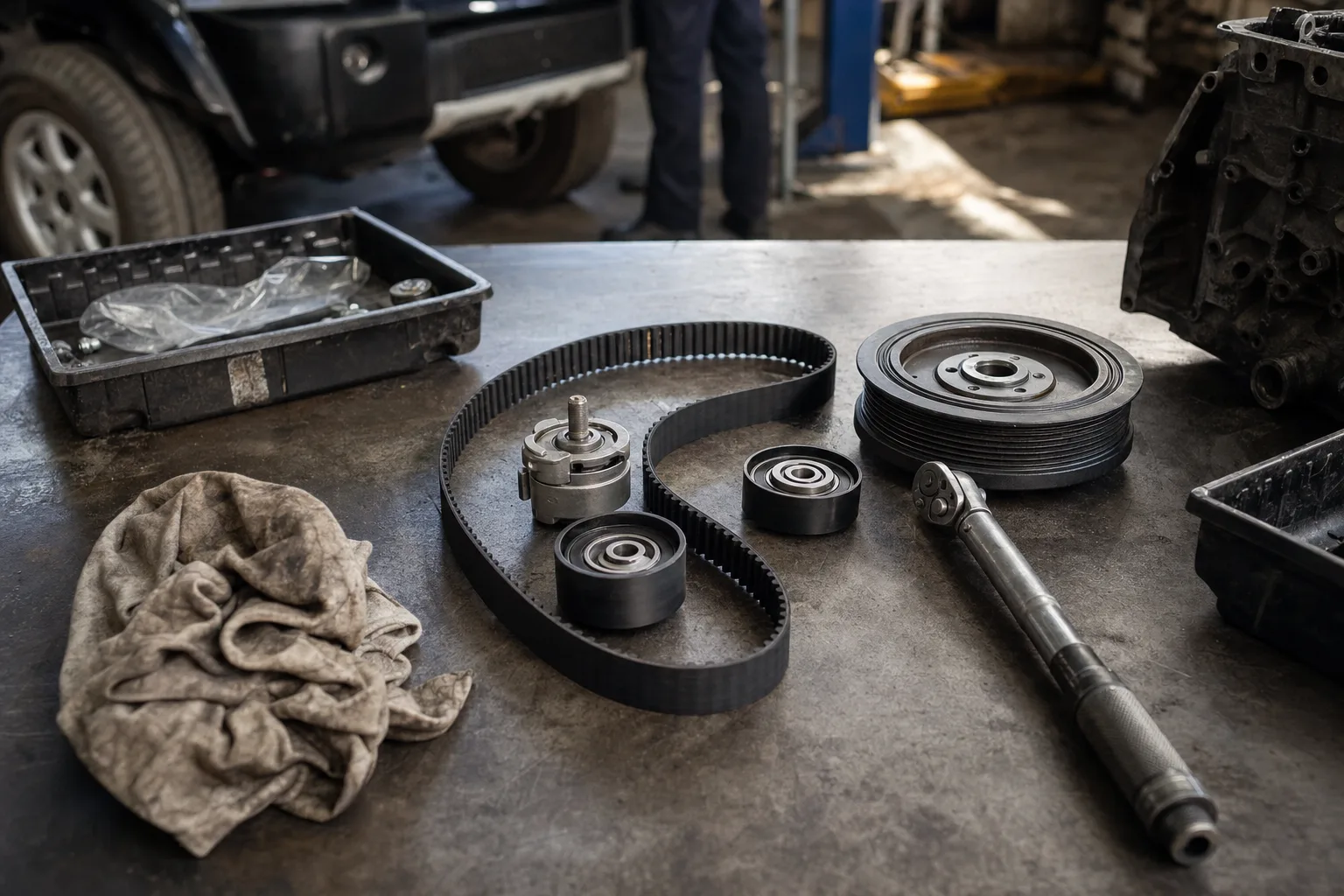 Range Rover Sport L320 TDV6 timing belt kit and crankshaft pulley laid out on a workshop bench
