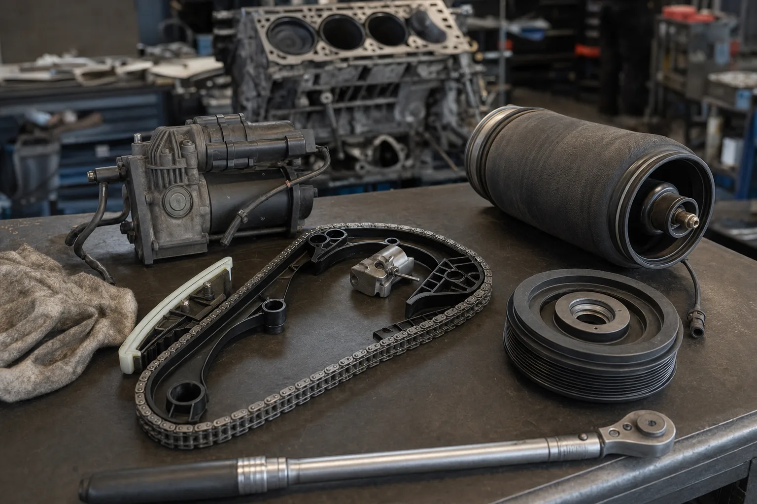 Range Rover Sport L494 SDV6 timing chain and crankshaft pulley components on a workshop bench