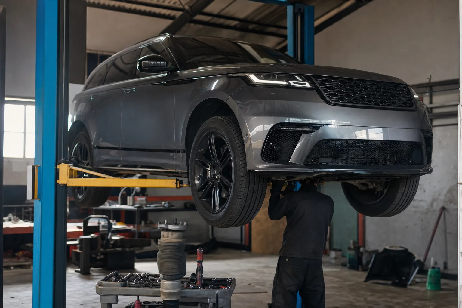 Land Rover Range Rover Velar raised on a workshop lift while a mechanic inspects the Ingenium engine and air suspension