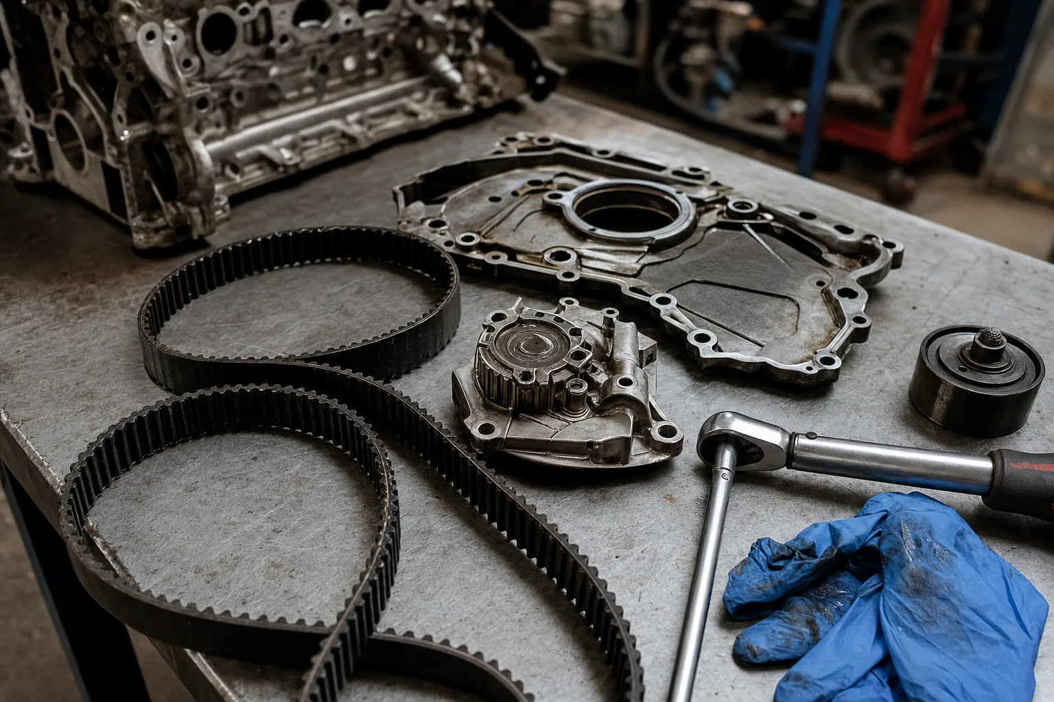 Range Rover Velar Ingenium engine wet timing belt and oil pump on a workshop bench