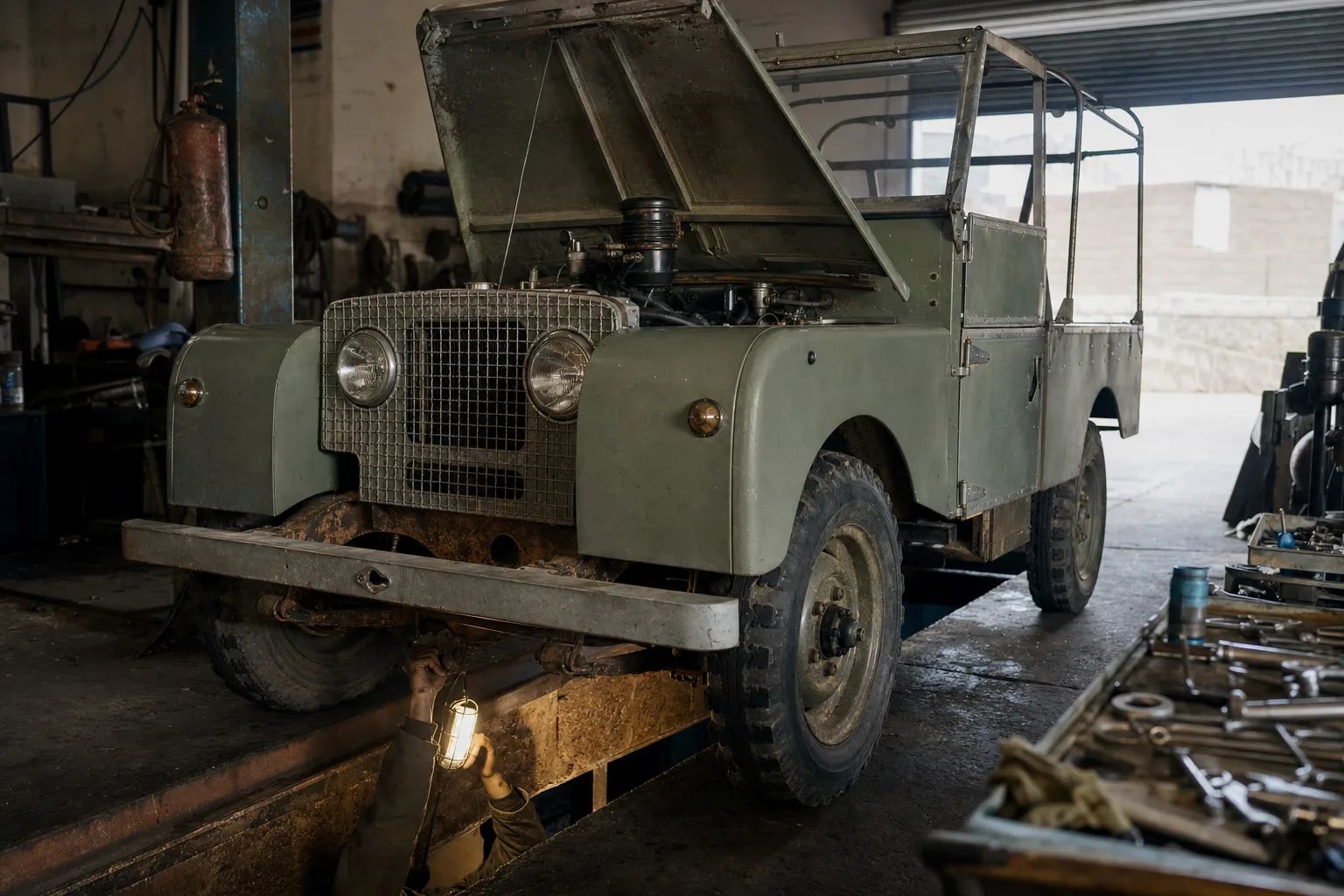 Early 1950s Land Rover Series 1 over a workshop inspection pit while a mechanic checks the steel box-section chassis