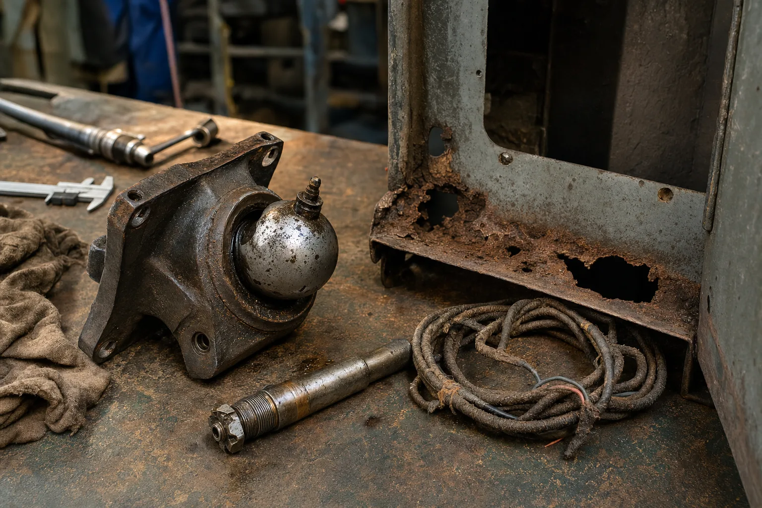 Land Rover Series 1 front axle swivel ball, kingpin and corroded bulkhead footwell panel on a workshop bench