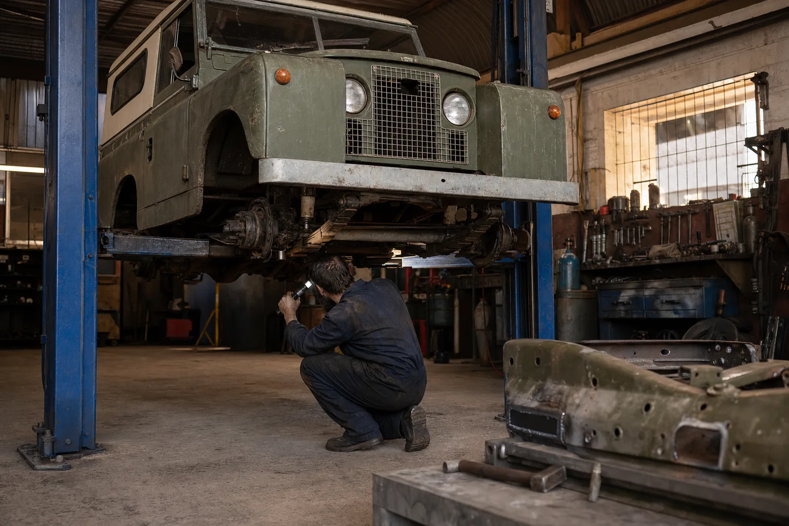 Land Rover Series II raised on a workshop lift while a mechanic inspects the chassis outriggers and front swivel housings