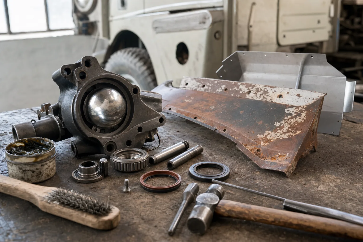 Land Rover Series II chassis outrigger and bulkhead footwell repair panels on a workshop bench