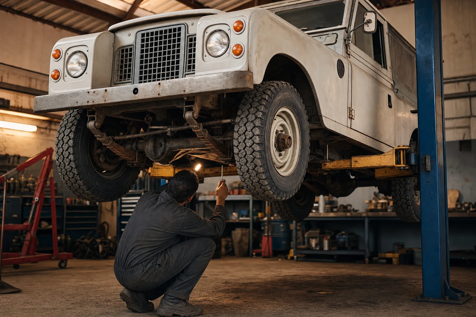 Land Rover Series III on a workshop ramp while a mechanic inspects the chassis outriggers and bulkhead for rust