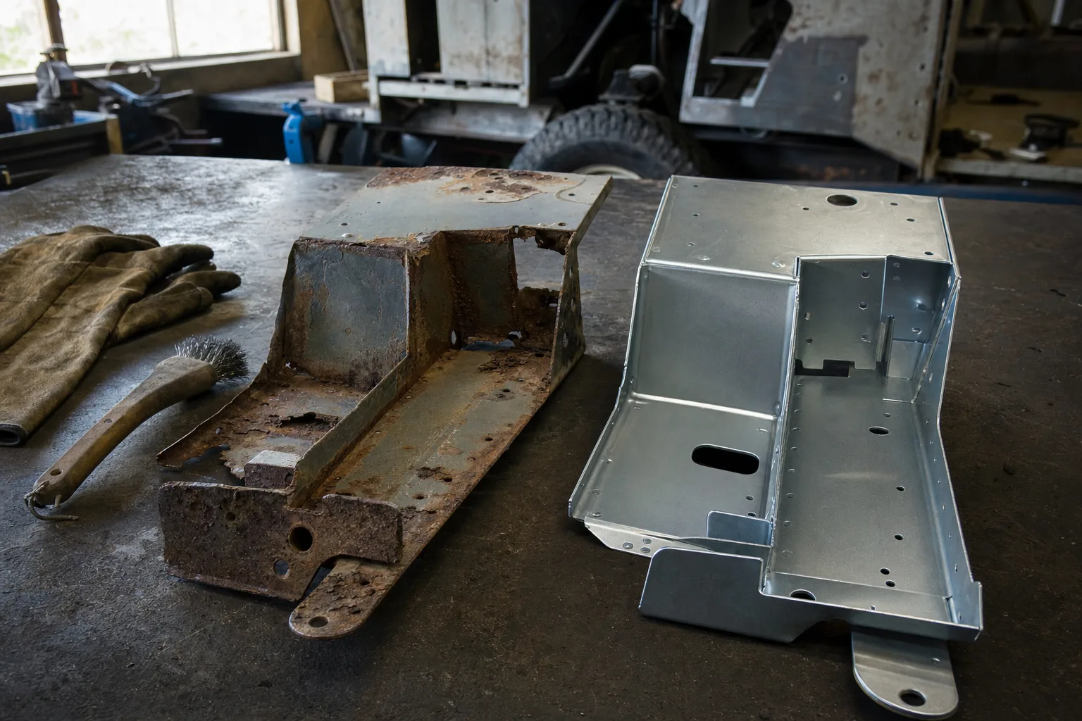 Land Rover Series 3 steel bulkhead and chassis outrigger section on a workshop bench showing rust repair areas