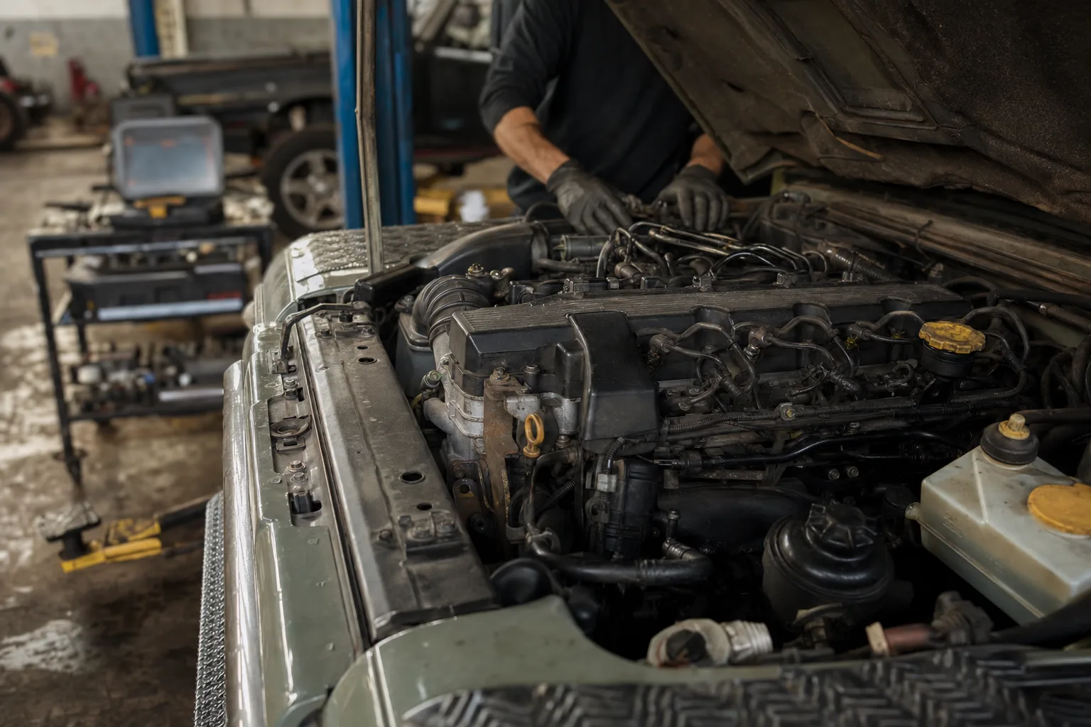 Land Rover Defender Td5 five-cylinder diesel engine on a workshop lift with the injector loom and rocker cover exposed