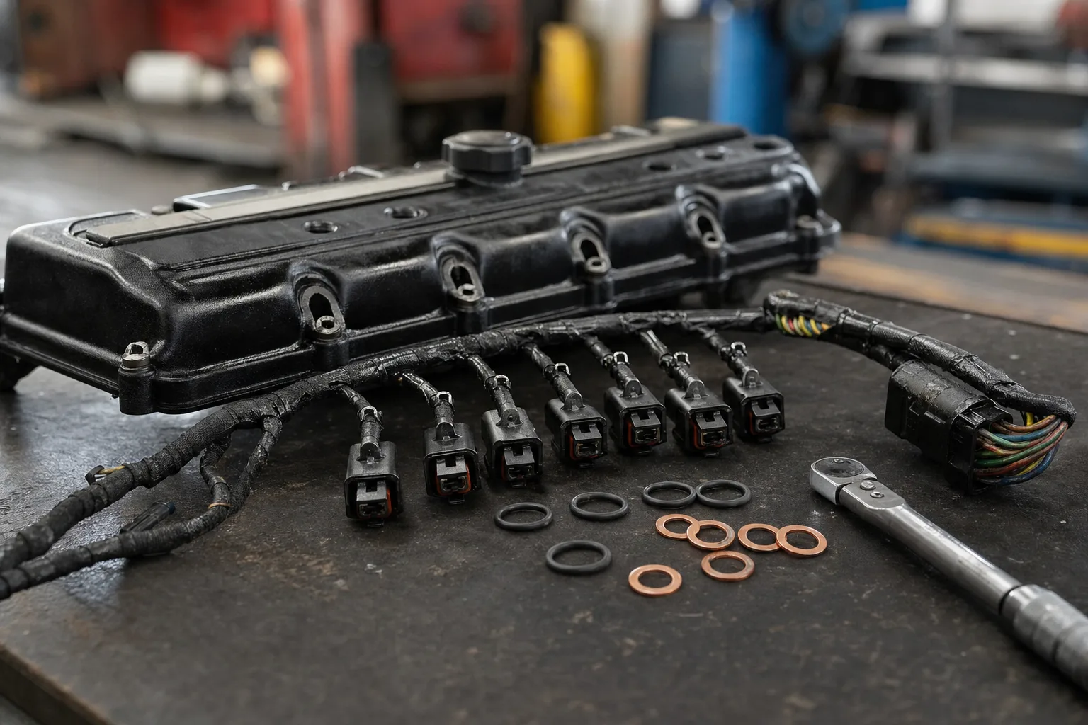 Land Rover Td5 fuel injector wiring harness and rocker cover on a workshop bench